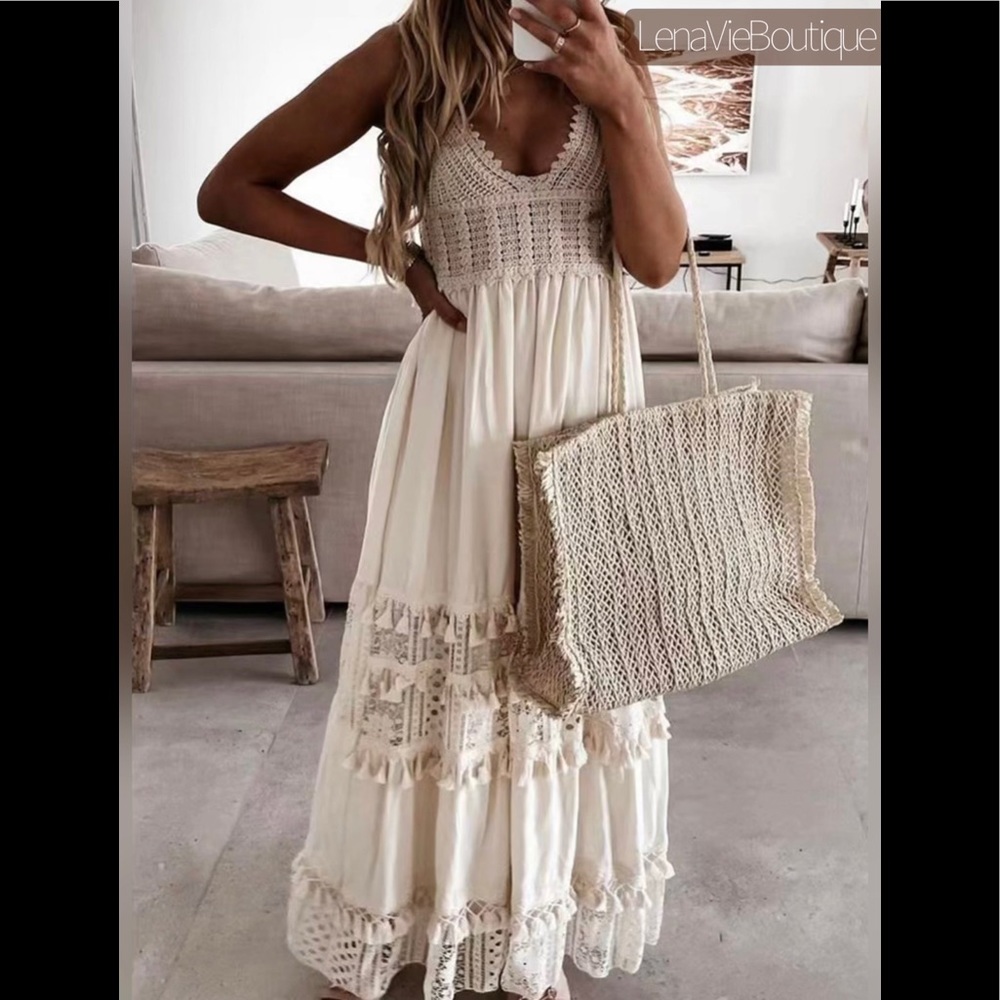 Boho Summer Crochet Maxi Dress, Tassel Adorned, Adjustable Tassel Tie Dress - Picture 4 of 13